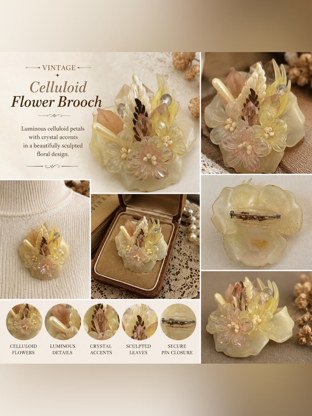 Vintage Celluloid Flower Brooch in Pale Yellow and Pink